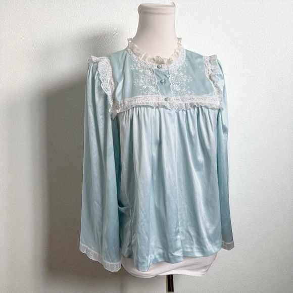 Vintage Tops - Vintage 70s Satin Lace Blouse – Powder Blue Top, Cottagecore Fairycore M